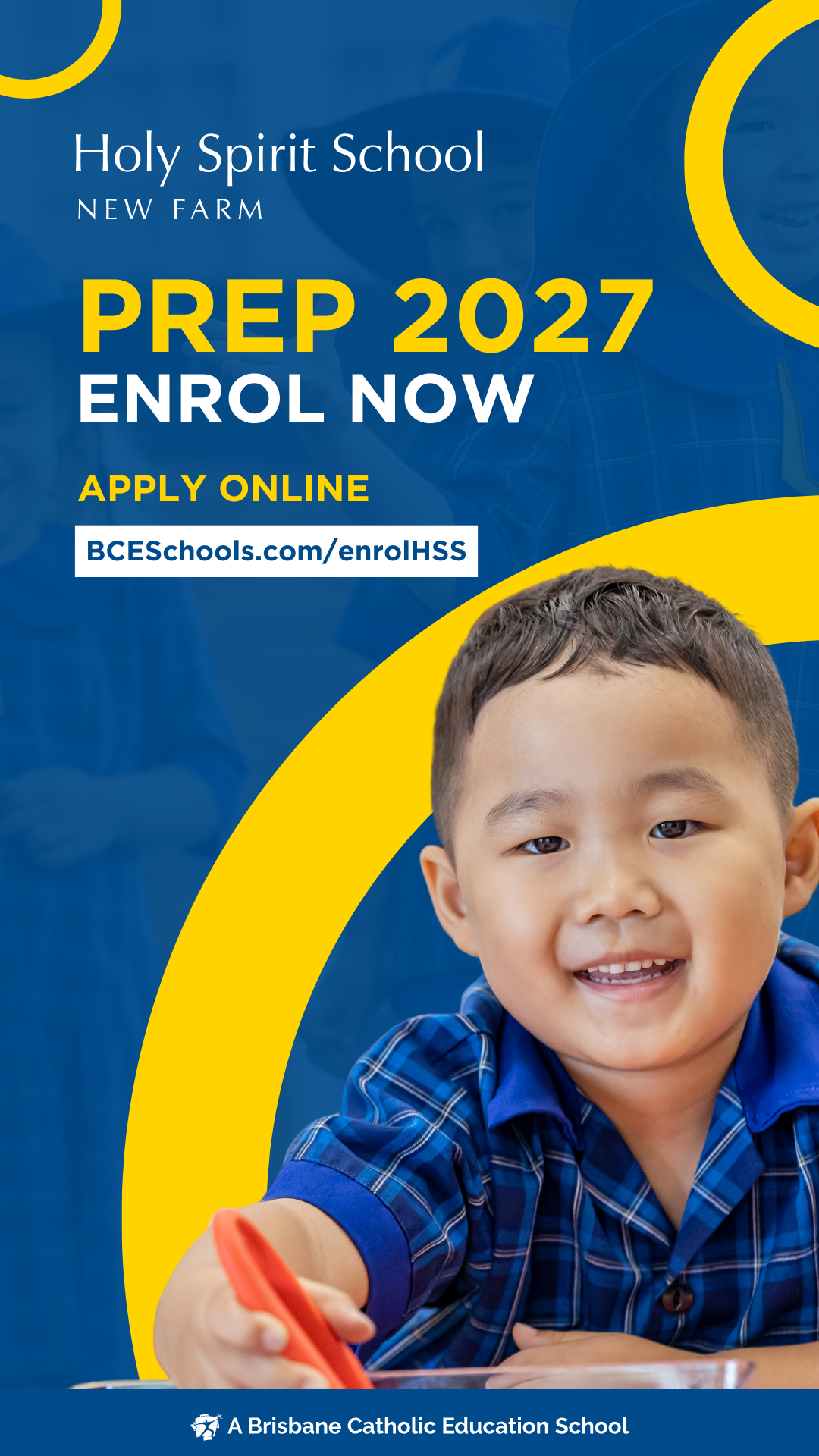 Prep enrolment banner for Holy Spirit School New Farm promoting applications for 2027 and a welcoming start to early years learning
