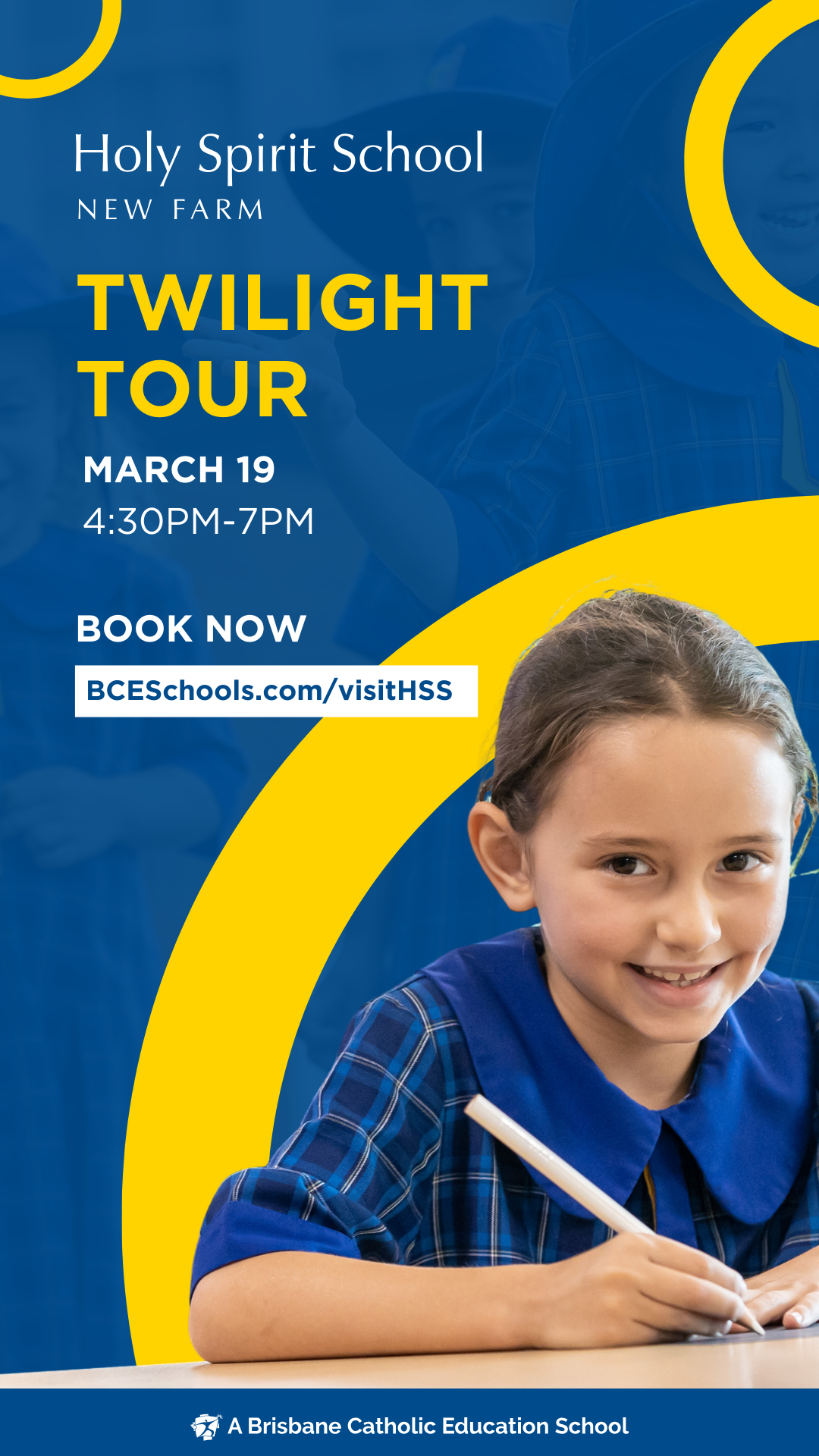 Twilight Tour banner for Holy Spirit School New Farm inviting families to visit the school on 19 March and explore the learning environment