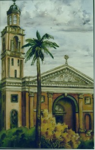 Illustrated painting of a church with bell tower and arched entrance surrounded by trees, representing Catholic heritage, parish life and the historical foundations of the Holy Spirit School community