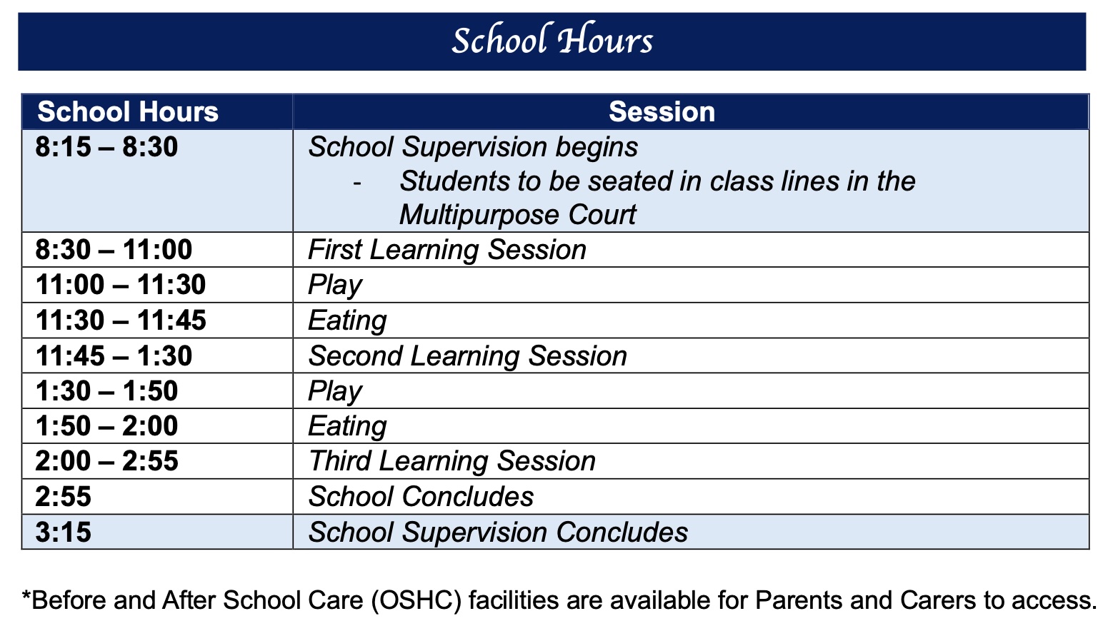 School Hours and Term Dates | Holy Spirit Catholic School, New Farm