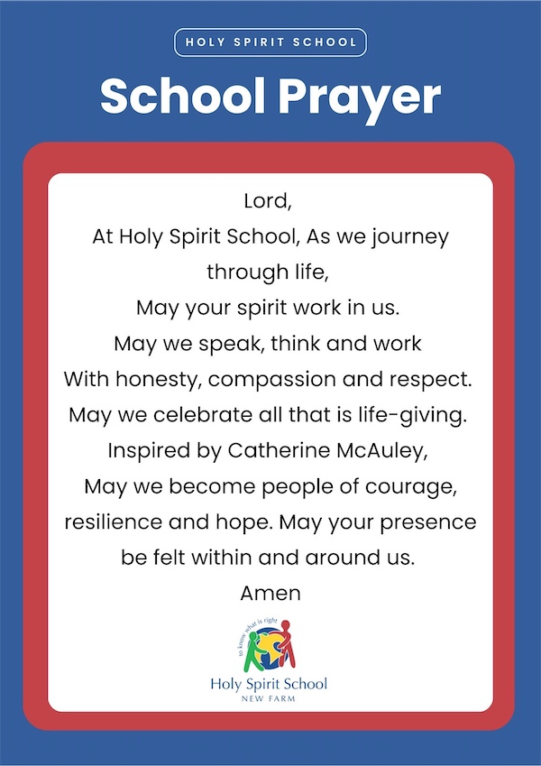 School prayer poster for Holy Spirit School expressing faith, compassion, respect and hope, guiding daily life and learning within the school community